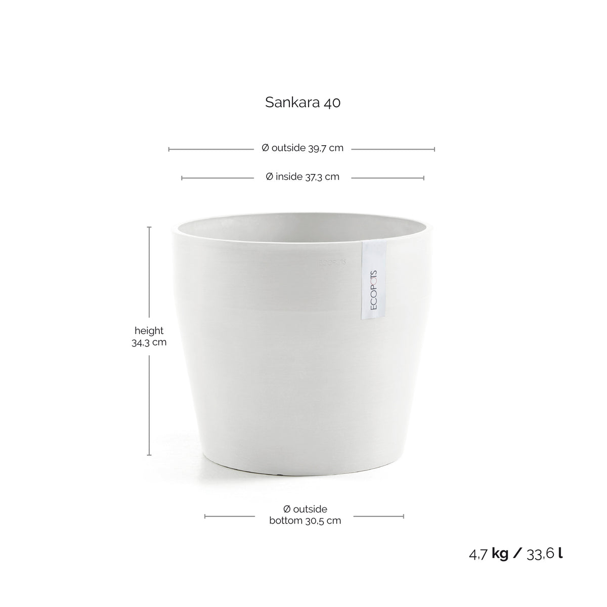 Kukkaruukku Sankara 40cm valkoinen – mittapiirros