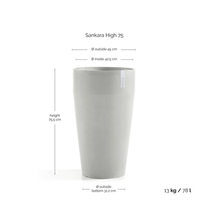 Kukkaruukku Sankara korkea 75cm valkoharmaa – mittapiirros