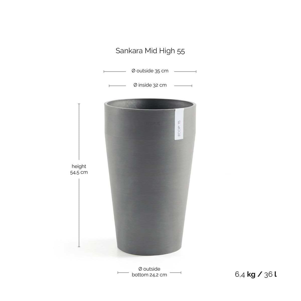 Kukkaruukku Sankara keskikorkea 55cm harmaa – mittapiirros
