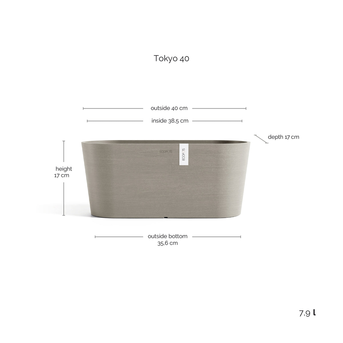 Kukkaruukku Tokio 40cm taupe – mittapiirros