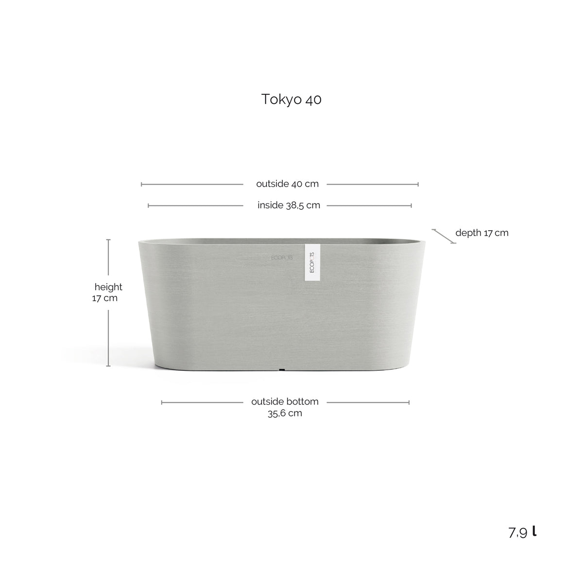 Kukkaruukku Tokio 40cm valkoharmaa – mittapiirros