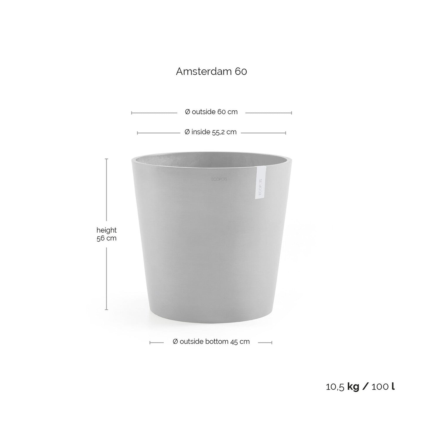 Kukkaruukku - Ecopots - Amsterdam 60cm valkoharmaa - Ecopotskauppa - Uuden aikakauden kukkaruukku