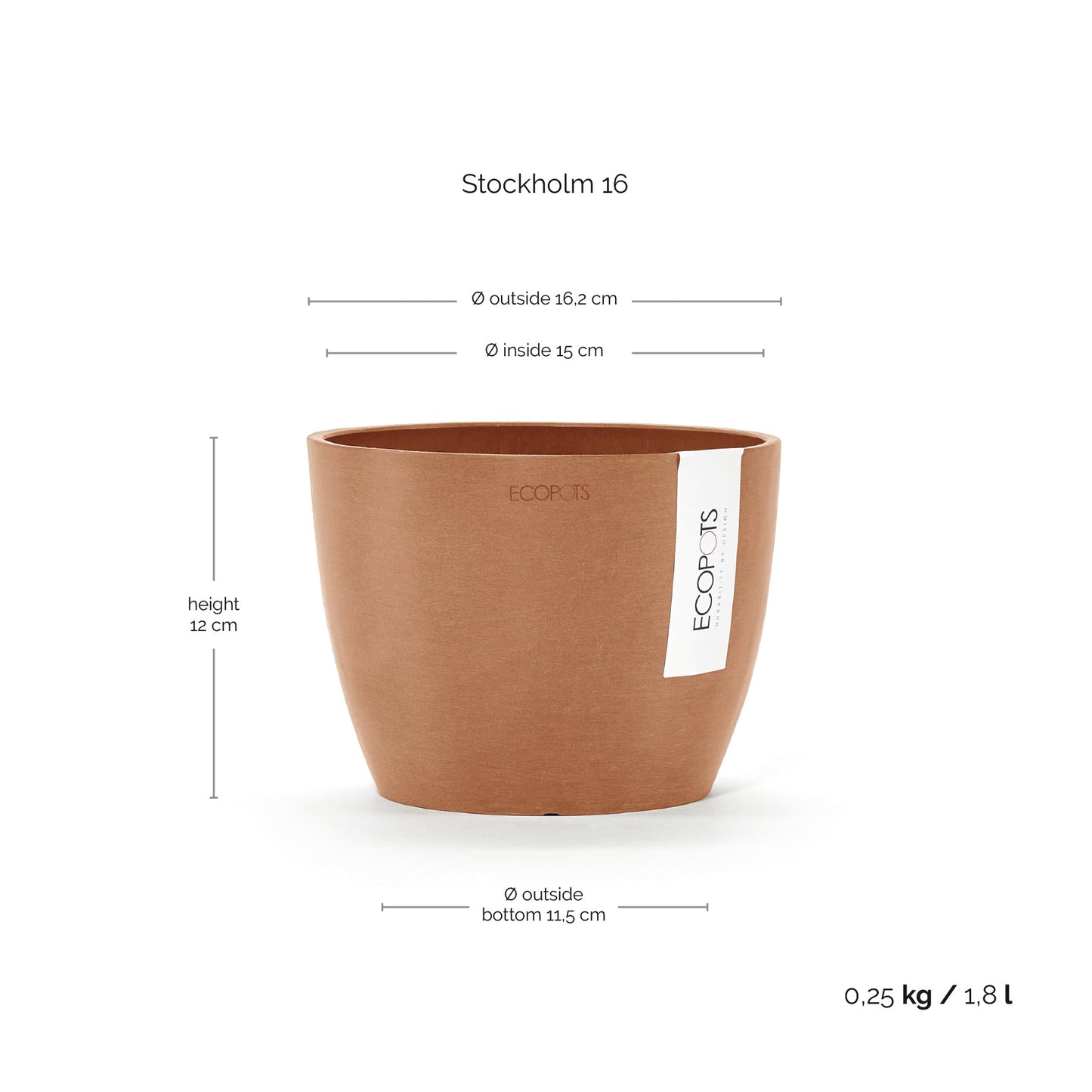 Kukkaruukku - Ecopots - Kukkaruukku Tukholma 16cm terracotta - Ecopots - Uuden aikakauden kukkaruukku kierrätysmateriaalista